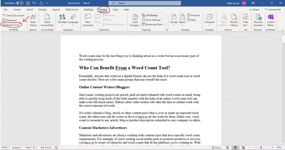 word count microsoft word