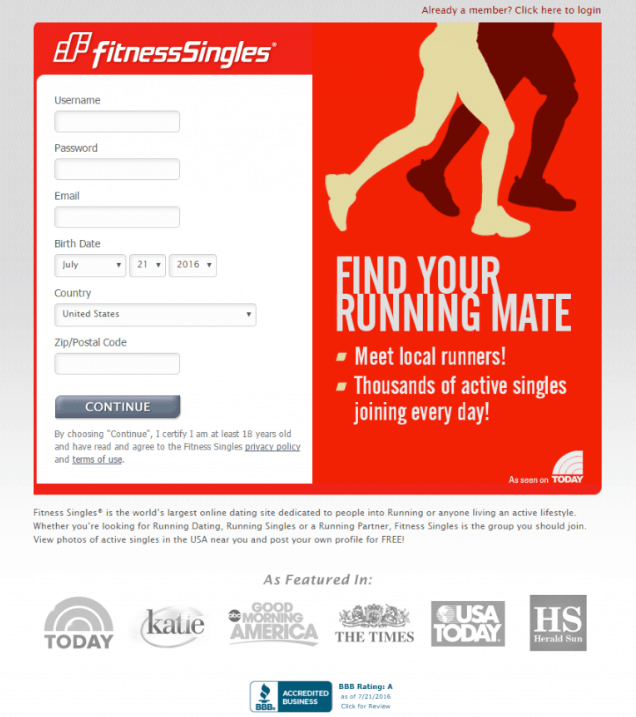 fitness singles landing page example