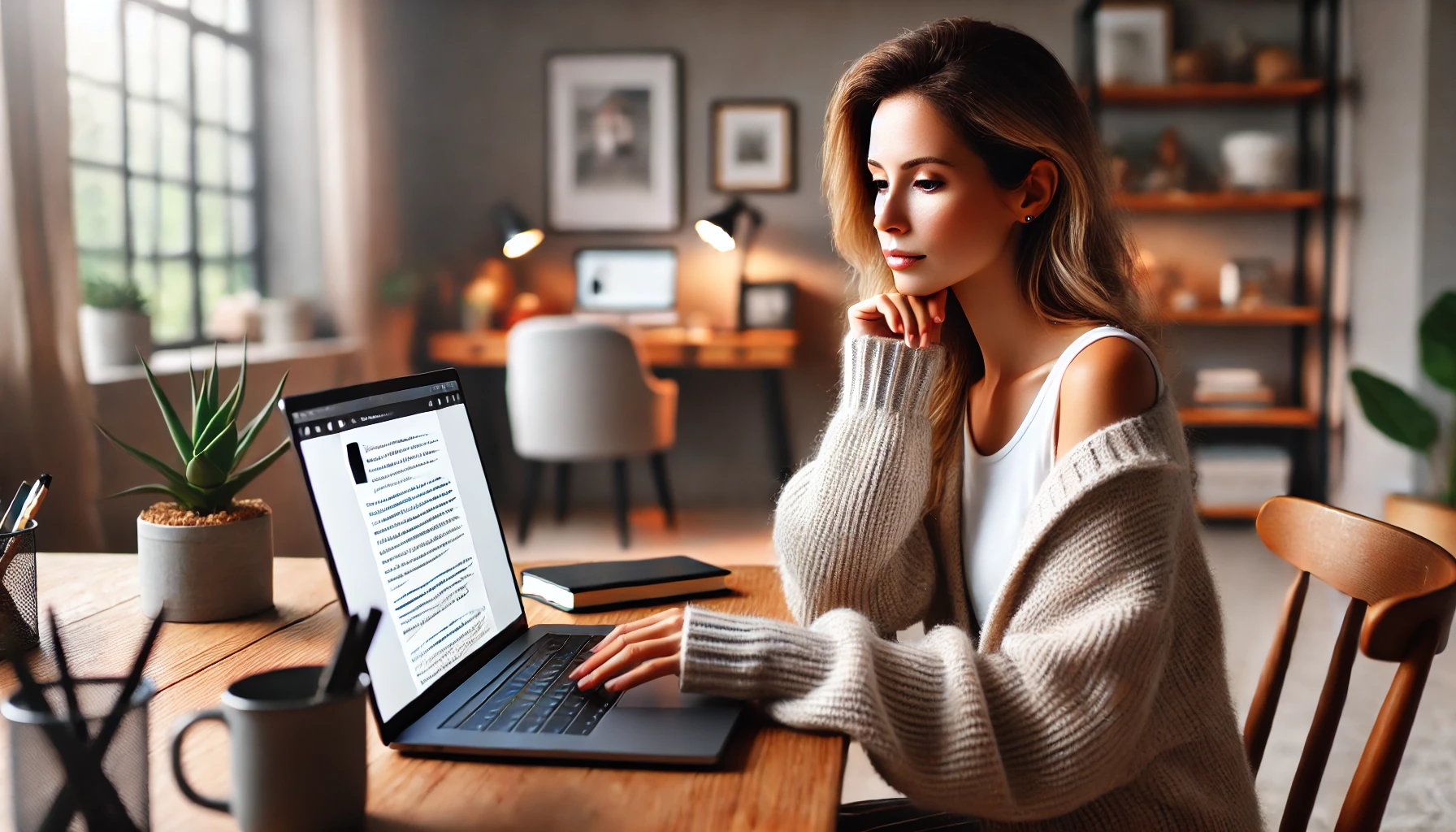 A woman reads a blog with SEO rich text.