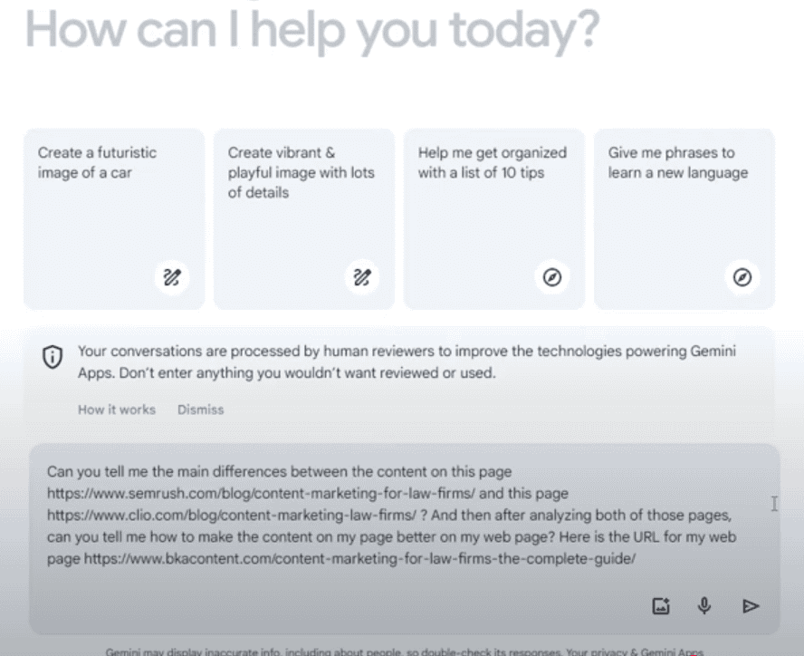 An example of Google Gemini prompts to use for SEO comparisons.