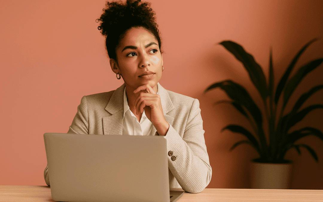 a young business owner thinks carefully about examples of keywords for SEO to boost her business.
