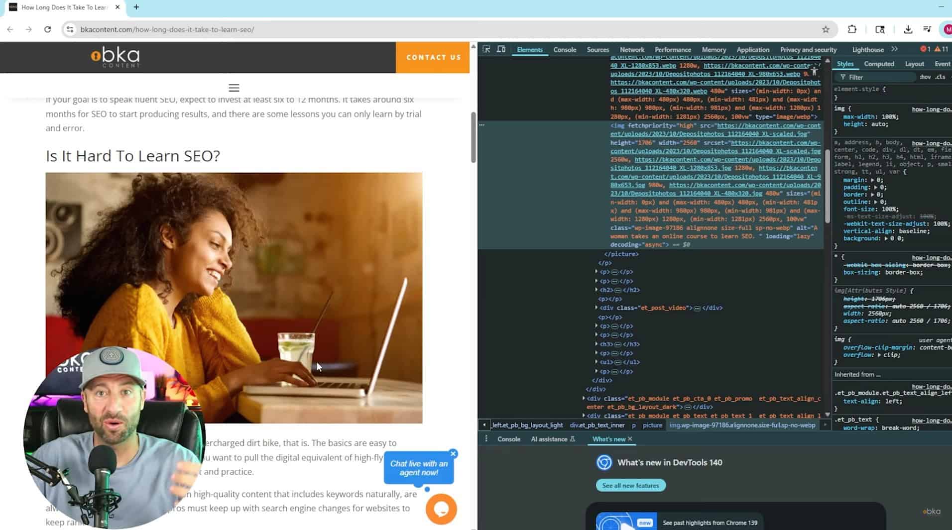 a screenshot of a website page with a picture of a woman at a computer showing the SEO alt text on the right side