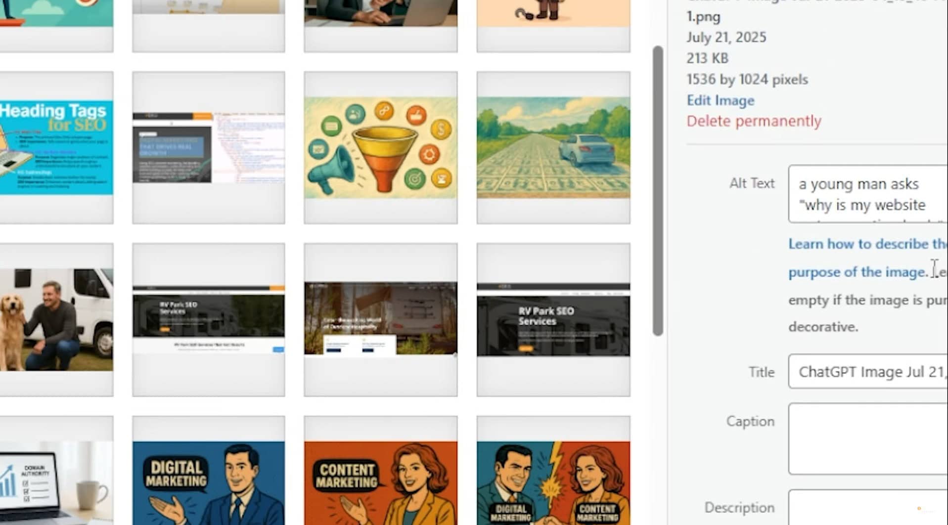 Screenshot example of adding SEO alt text for images on the backend of a WordPress site