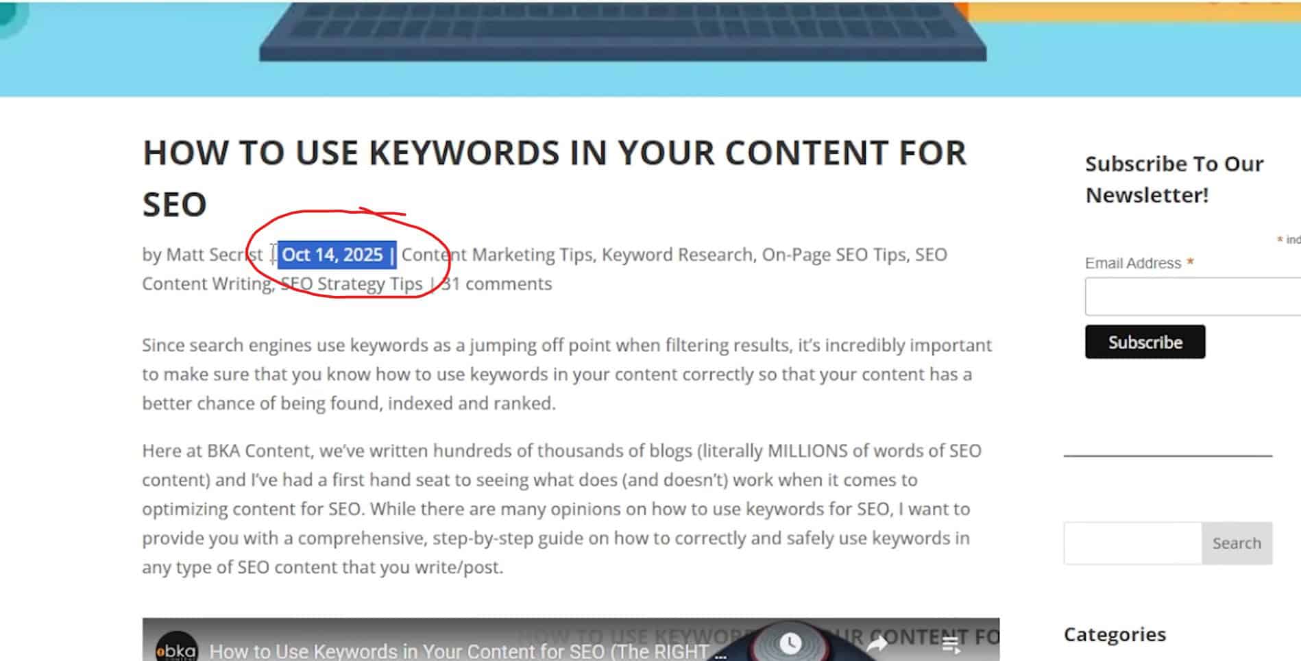 example of updating publish dates on content to rank higher in AI search