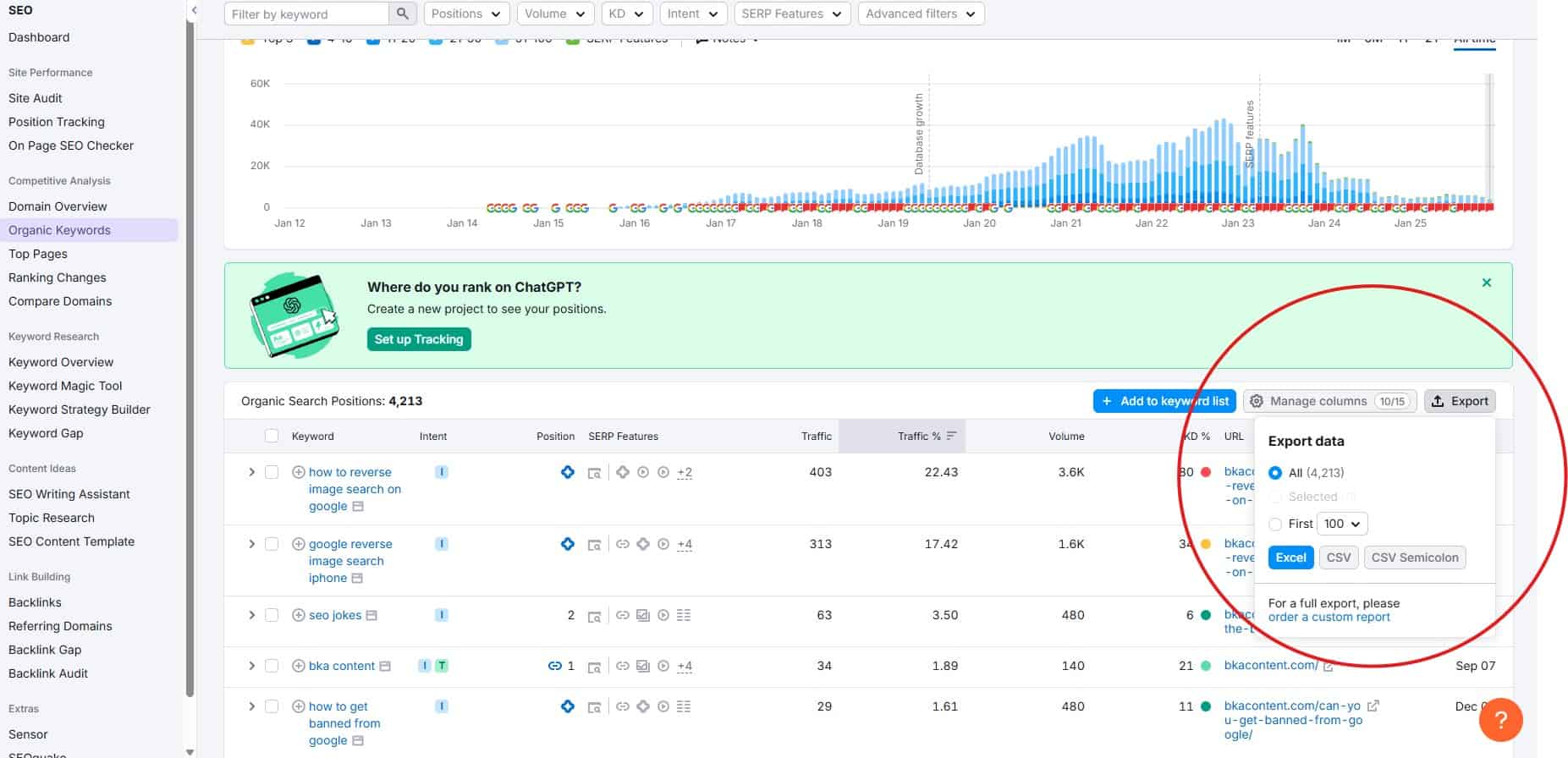 how to export all keywords in semrush