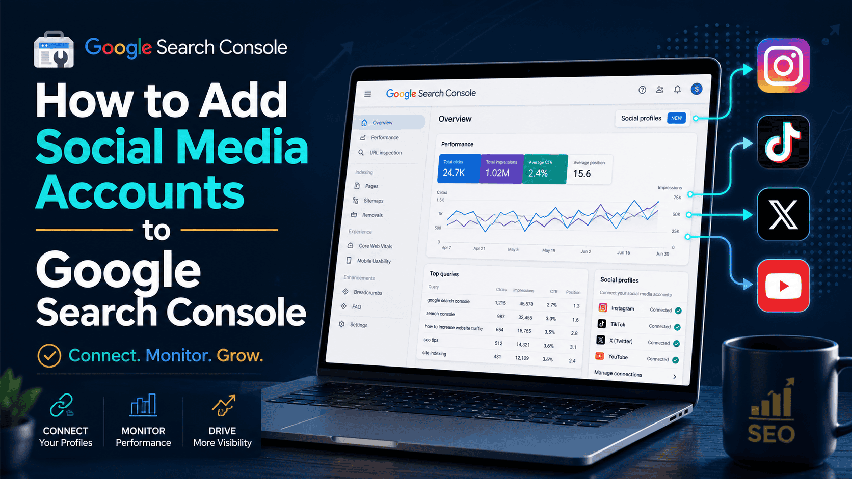 Learn how to connect Instagram, TikTok, X and YouTube to Google Search Console so you can track search queries and improve your social media SEO strategy.