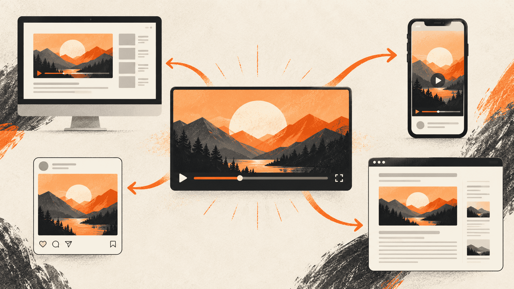 A central video lesson distributed across desktop, phone, social, and blog formats