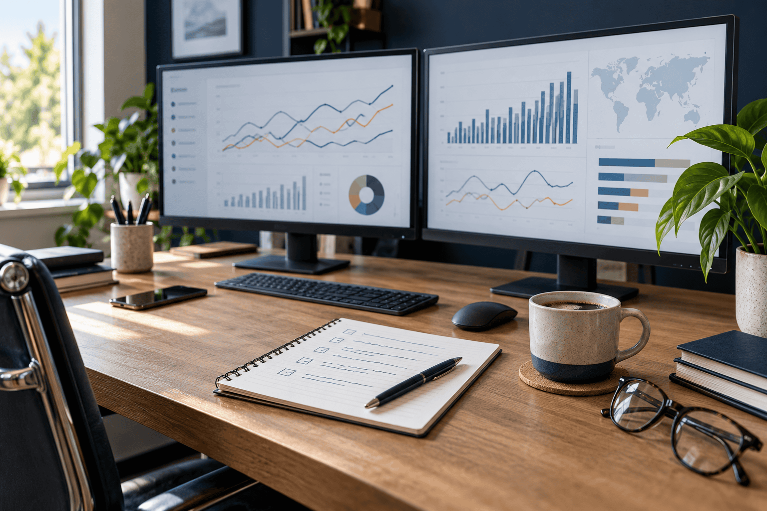 A workspace with illustrative reports and a checklist for reviewing rank-tracking data