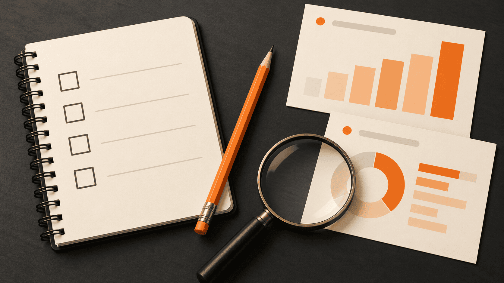 Notebook checklist and abstract reports for reviewing SEO data before changing strategy