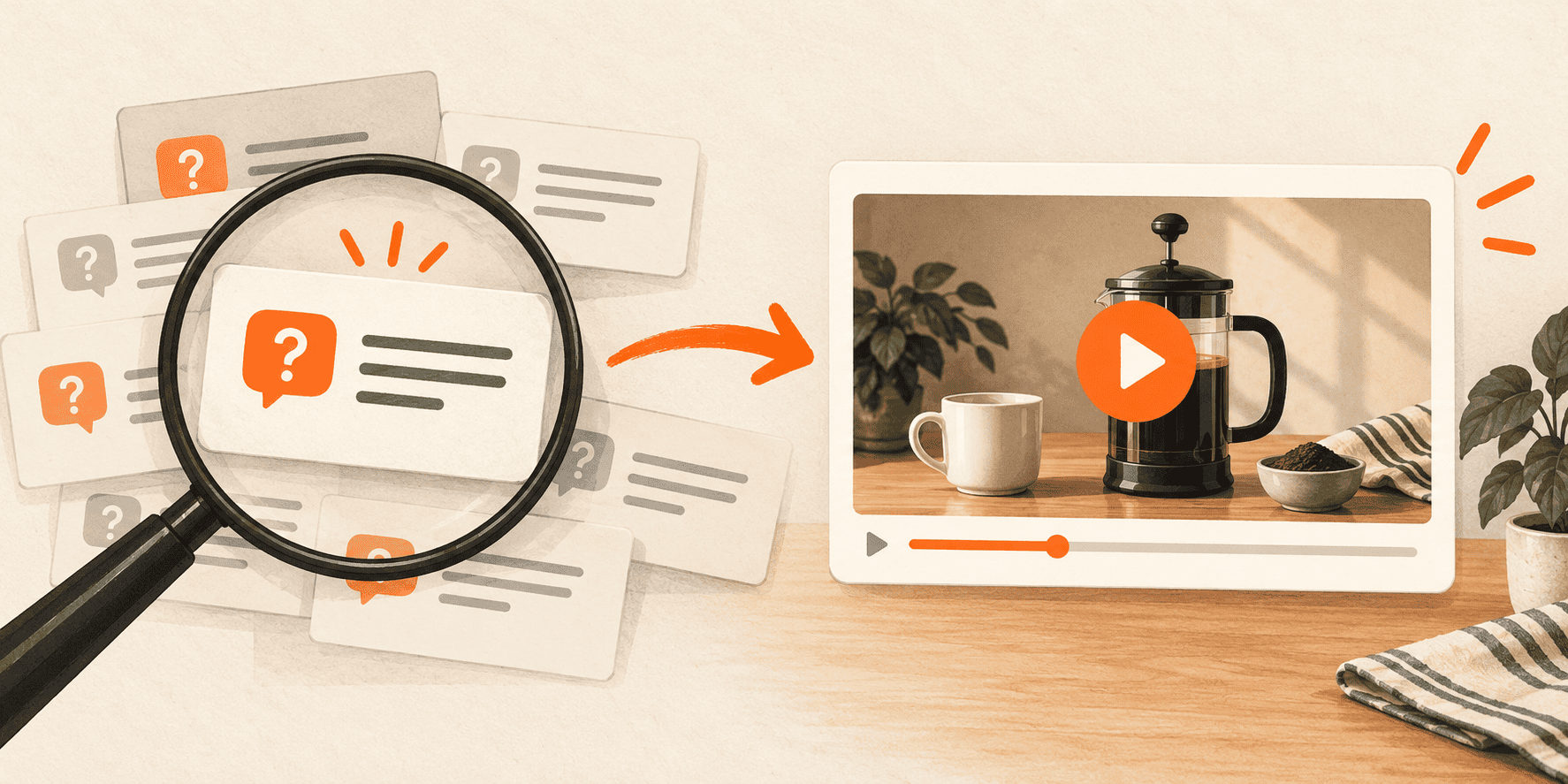 Customer question cards leading to a demonstration video as part of a validated video marketing strategy